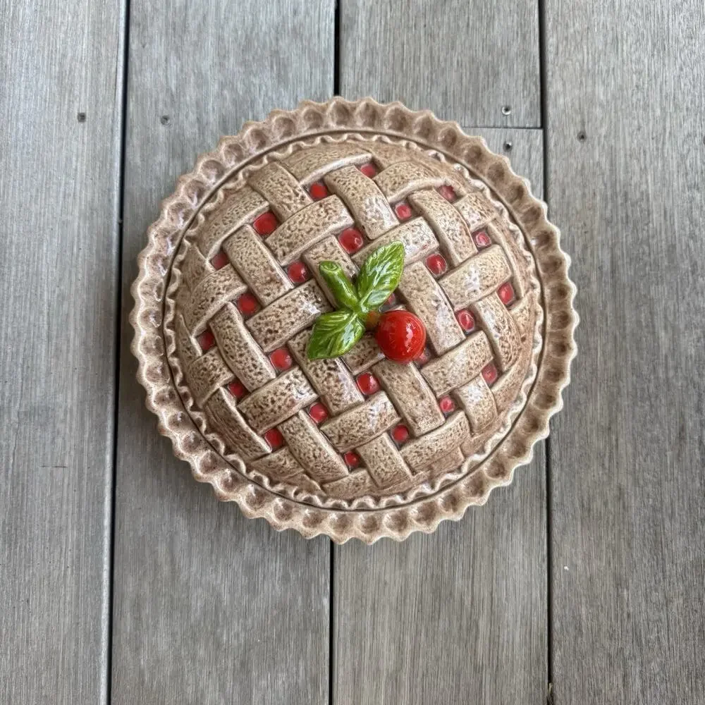 Vintage Ceramic Cherry Pie Keeper Dish with Lid Cottagecore